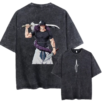 Men's Oversized T-Shirt Acid Washed Streetwear Retro Graphic Print Summer Cotton Short Sleeve T-Shirt Worn Japanese Anime