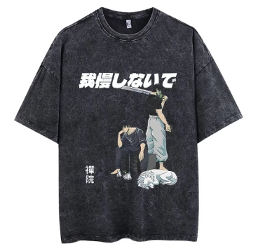 Men's Oversized T-Shirt Acid Washed Streetwear Retro Graphic Print Summer Cotton Short Sleeve T-Shirt Worn Japanese Anime